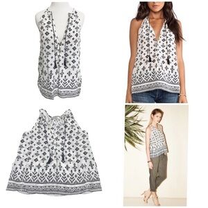 Joie Eniko 100% Silk Halter Tank Top S Black White Cross Stitch Motif Tassel Tie